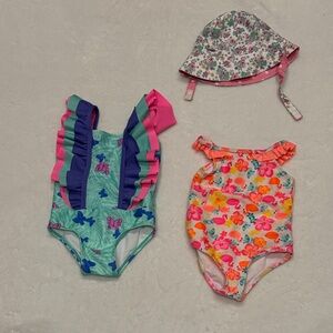 Girls' 12 Month 1 Piece Swim Suit Butterfly & Floral with Sun Hat